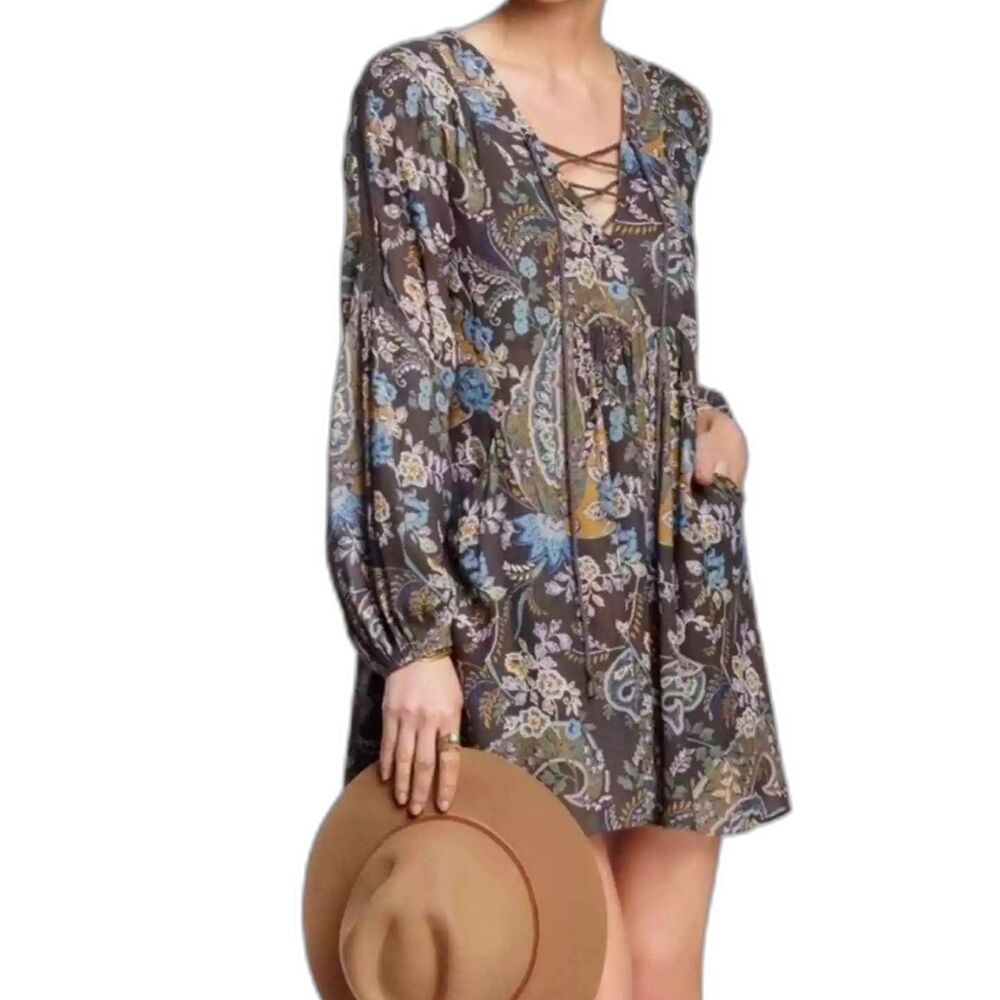 Free People Womens Rain or Shine Gray Paisley Floral Lace Up Tunic Dress XS